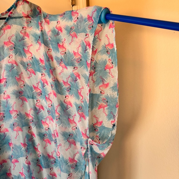 Flamingo Print Swim‎ Suit Cover Up w/ Pom Poms One Size RN 86183 - Picture 7 of 10